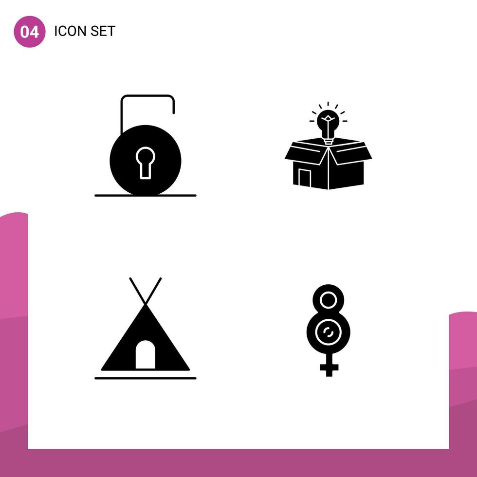 Set of 4 Vector Solid Glyphs on Grid for key holidays security idea tent Editable Vector Design Elements