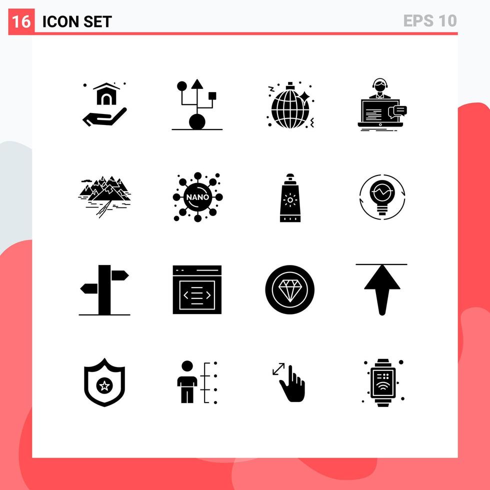 Group of 16 Solid Glyphs Signs and Symbols for mountain service disco customer support Editable Vector Design Elements