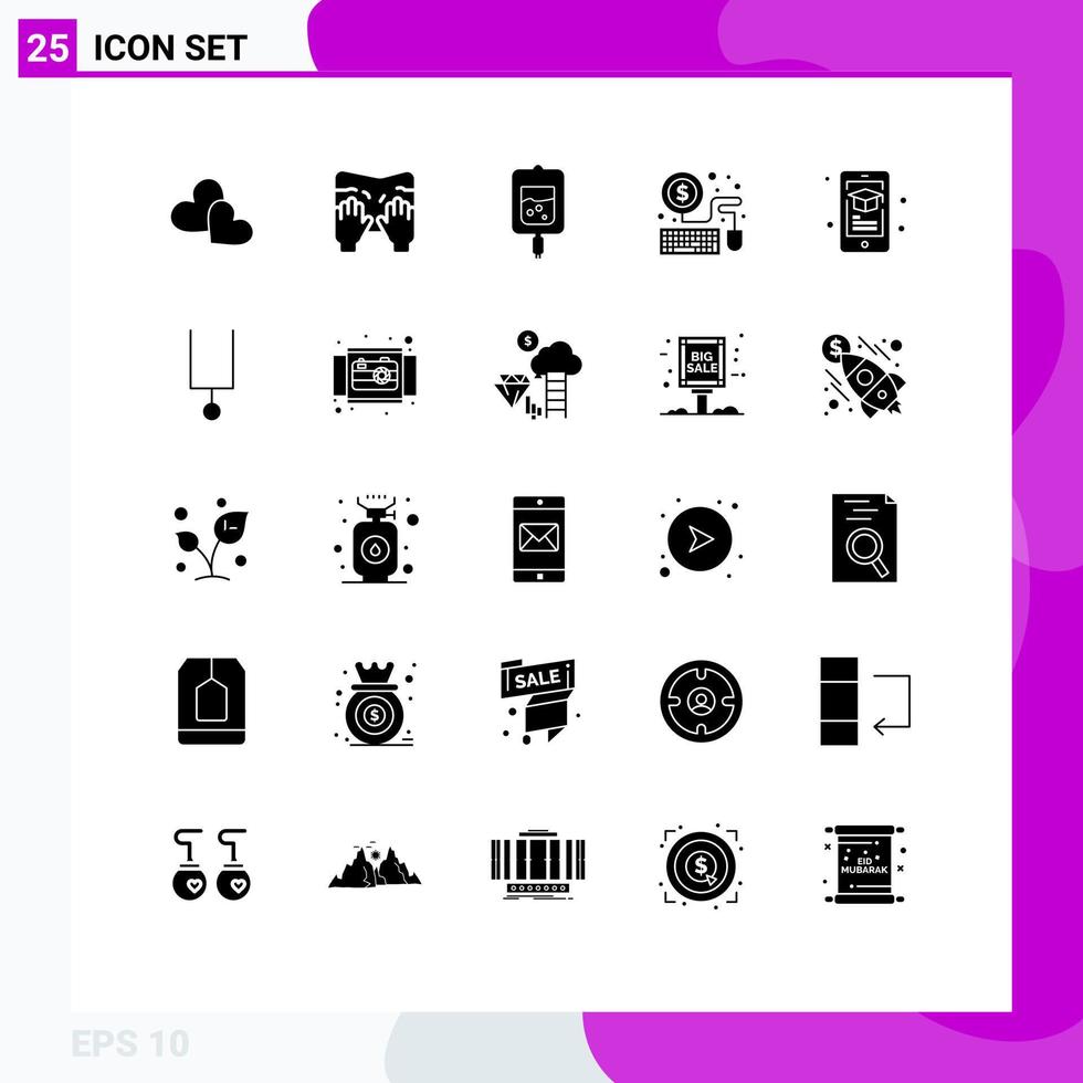 Solid Glyph Pack of 25 Universal Symbols of mobile education blood economy mouse Editable Vector Design Elements