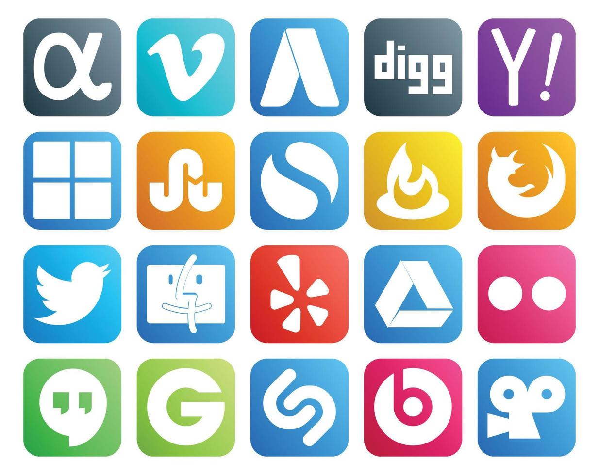 20 Social Media Icon Pack Including google drive finder stumbleupon tweet browser vector