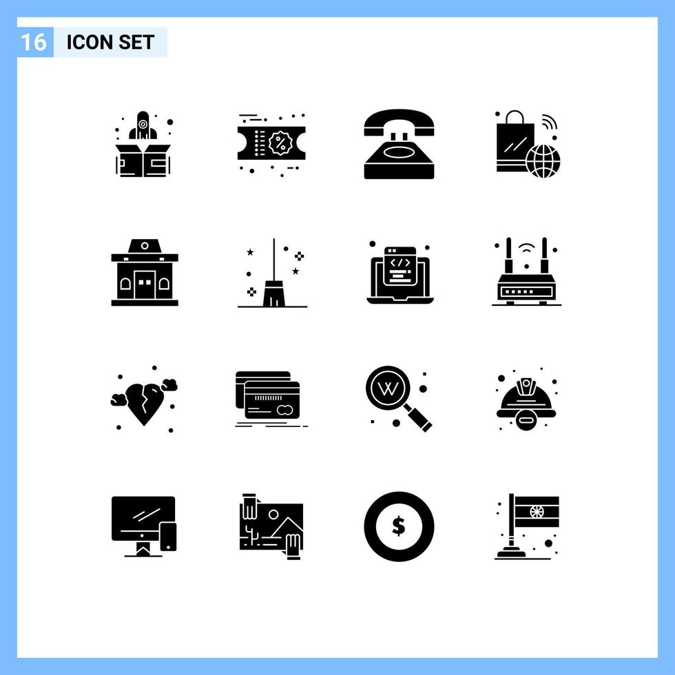 Pack of 16 Modern Solid Glyphs Signs and Symbols for Web Print Media such as office wifi contact iot internet Editable Vector Design Elements