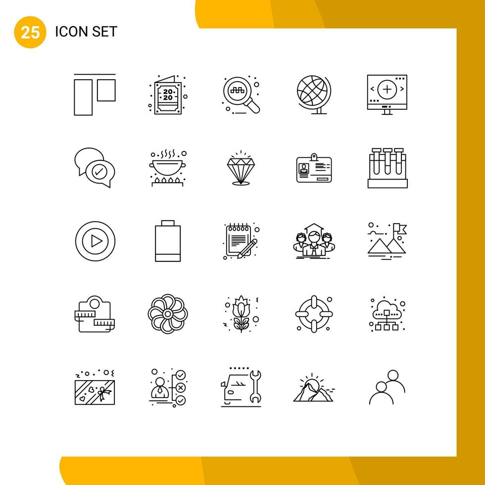 Pack of 25 Modern Lines Signs and Symbols for Web Print Media such as search glass search find globe Editable Vector Design Elements