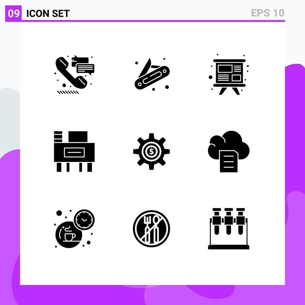 Modern Set of 9 Solid Glyphs and symbols such as dollar wheel study cog education Editable Vector Design Elements