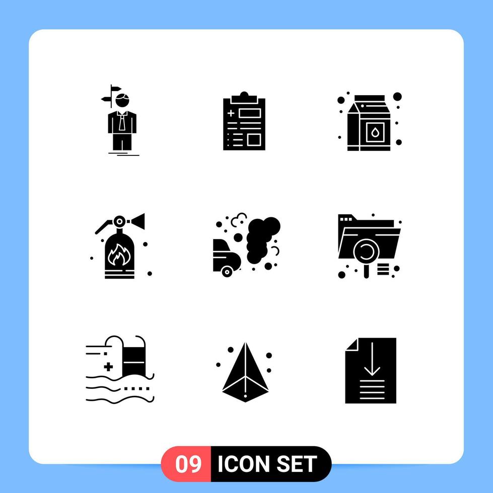 Pictogram Set of 9 Simple Solid Glyphs of garbage car healthcare security extinguisher Editable Vector Design Elements