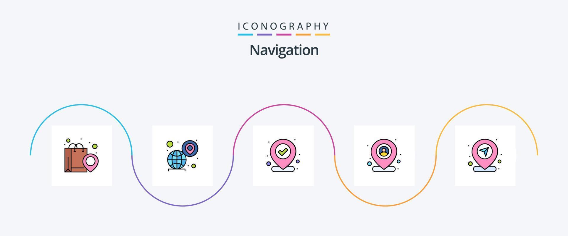 Navigation Line Filled Flat 5 Icon Pack Including map. user. map. mark. pin vector