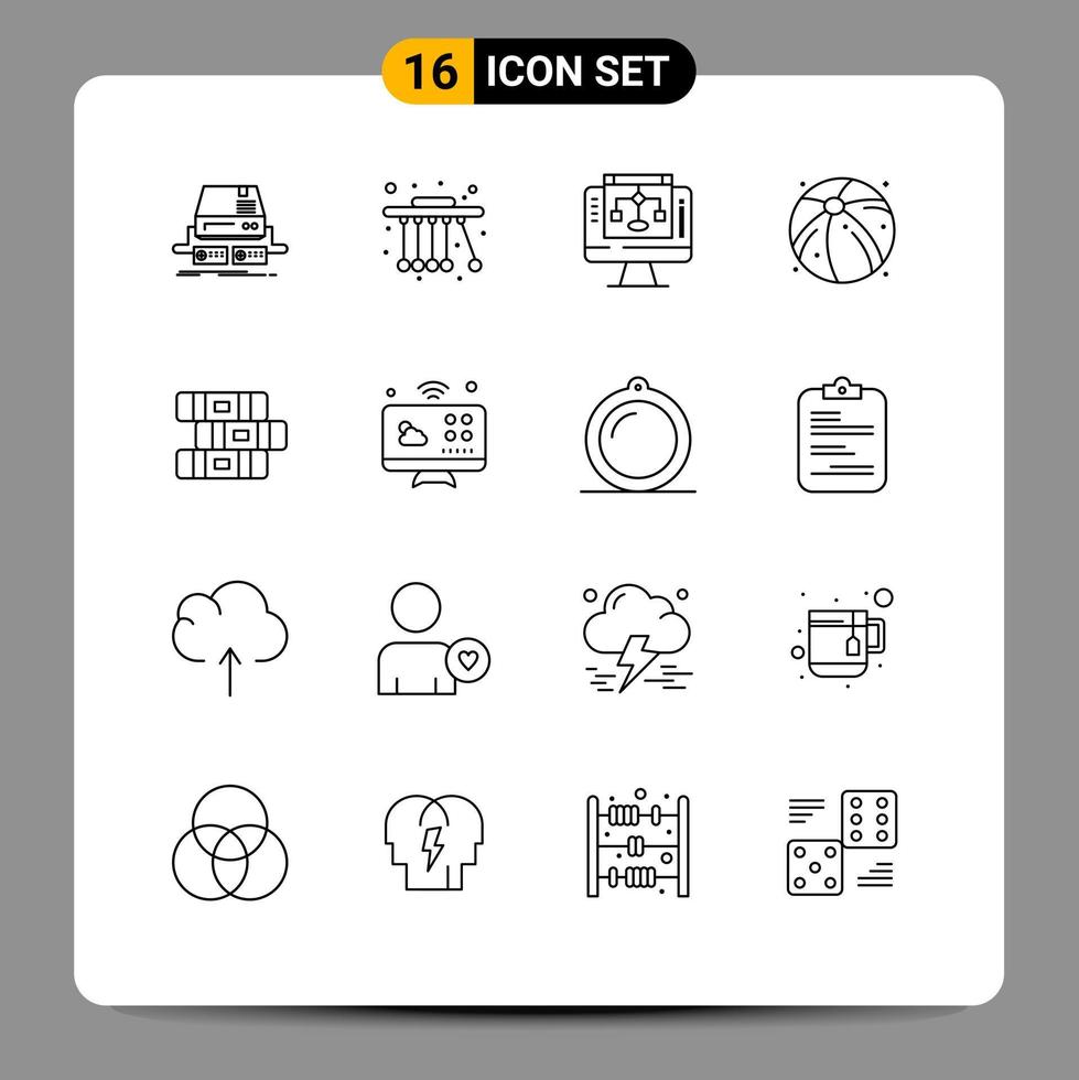 16 Universal Outlines Set for Web and Mobile Applications stationary education data sharing summer ball Editable Vector Design Elements