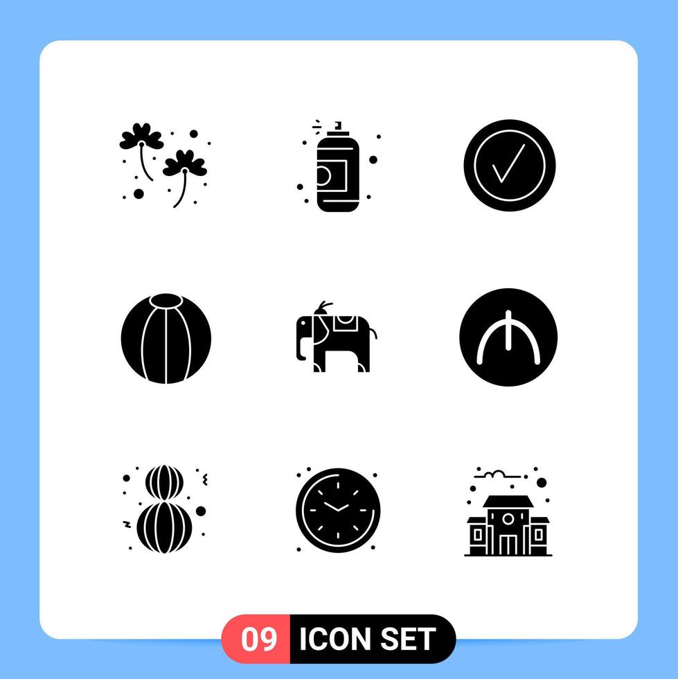 Editable Vector Line Pack of 9 Simple Solid Glyphs of manat elephant checked toy beach Editable Vector Design Elements