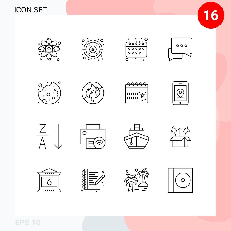 Group of 16 Outlines Signs and Symbols for no fire cookie education cake messages Editable Vector Design Elements