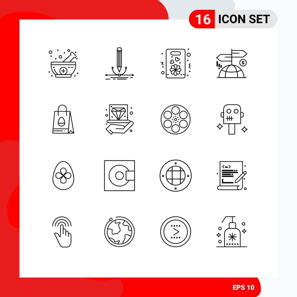 Set of 16 Modern UI Icons Symbols Signs for shopping bag finance draw direction present Editable Vector Design Elements