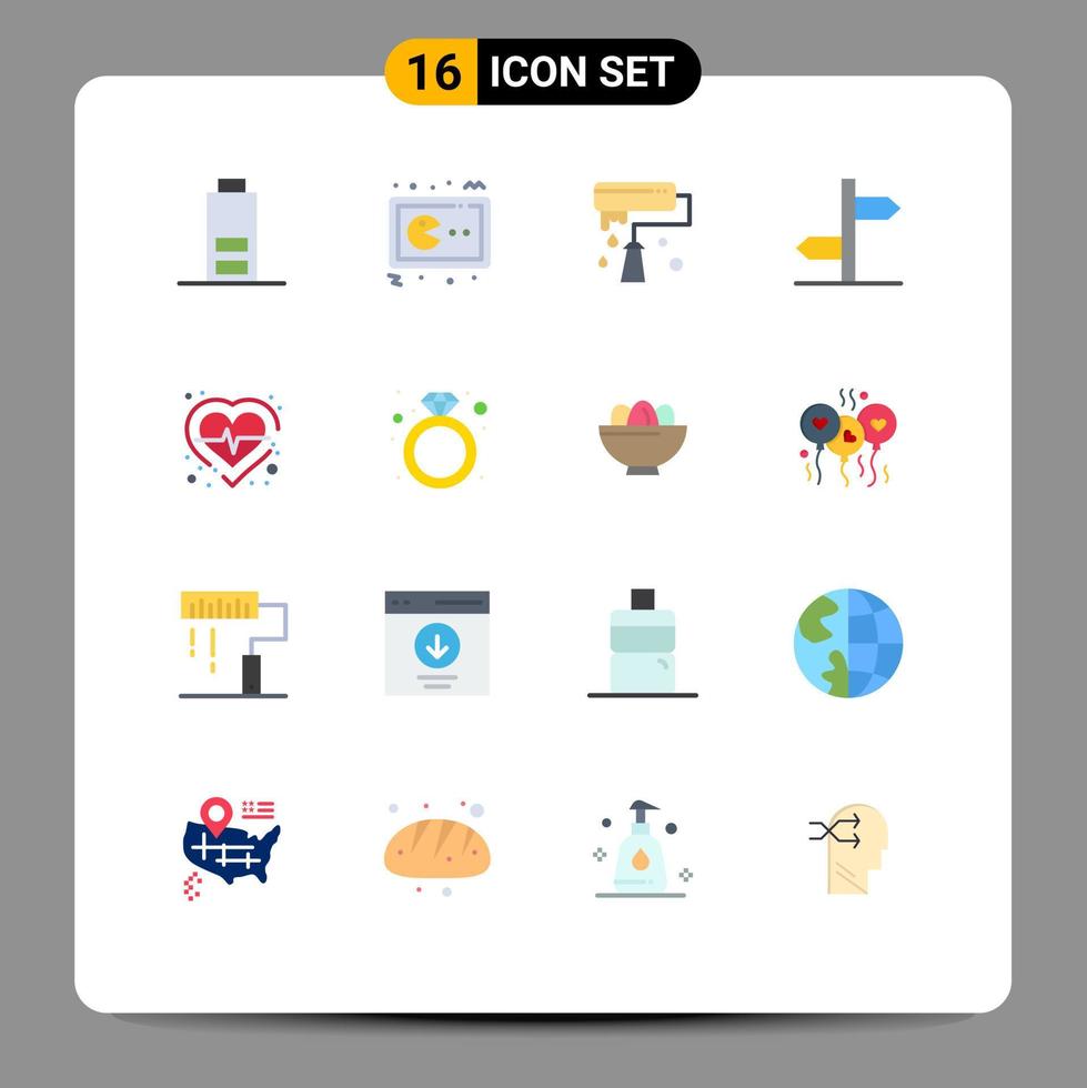 Set of 16 Vector Flat Colors on Grid for heart sign paint brush board direction Editable Pack of Creative Vector Design Elements