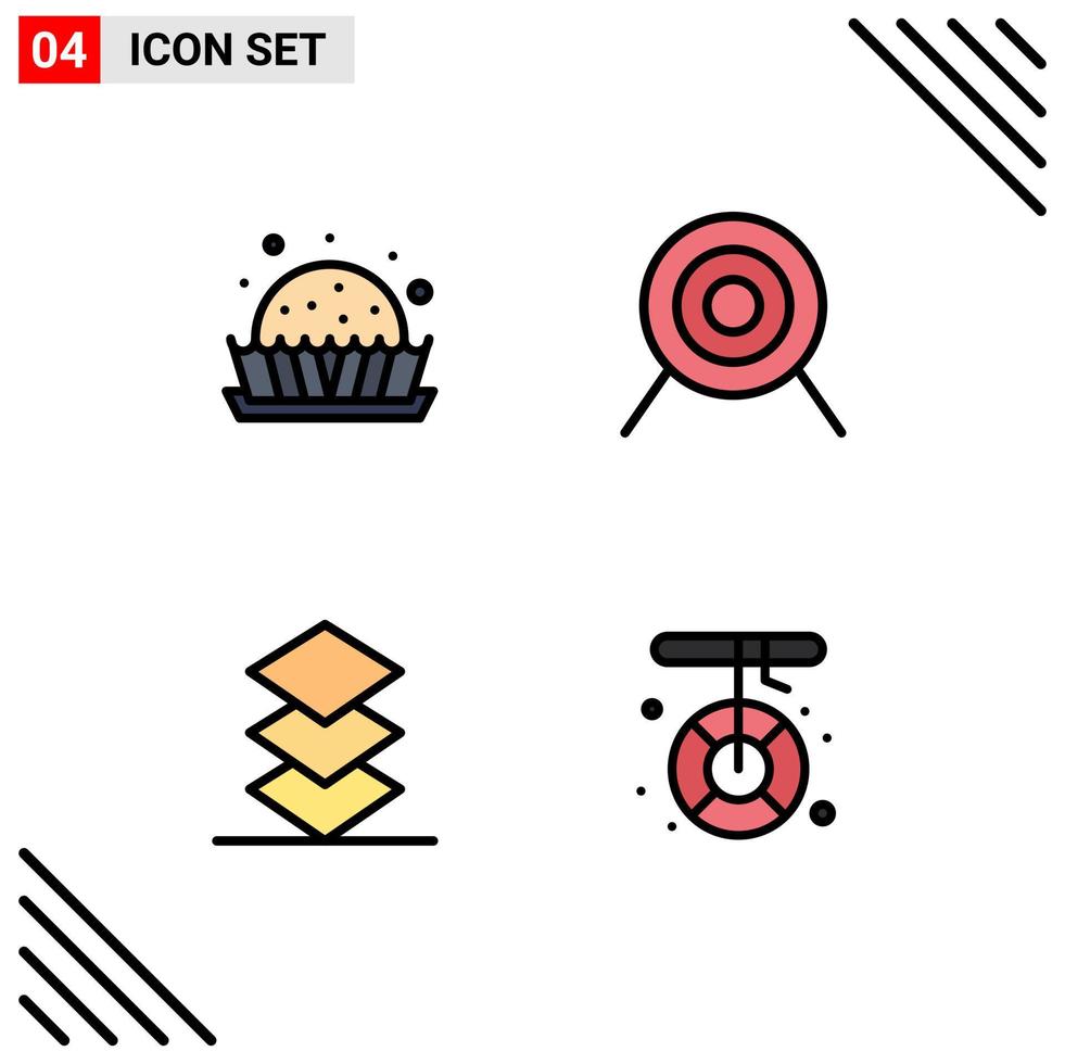 4 User Interface Filledline Flat Color Pack of modern Signs and Symbols of dessert stack sweets target camping Editable Vector Design Elements