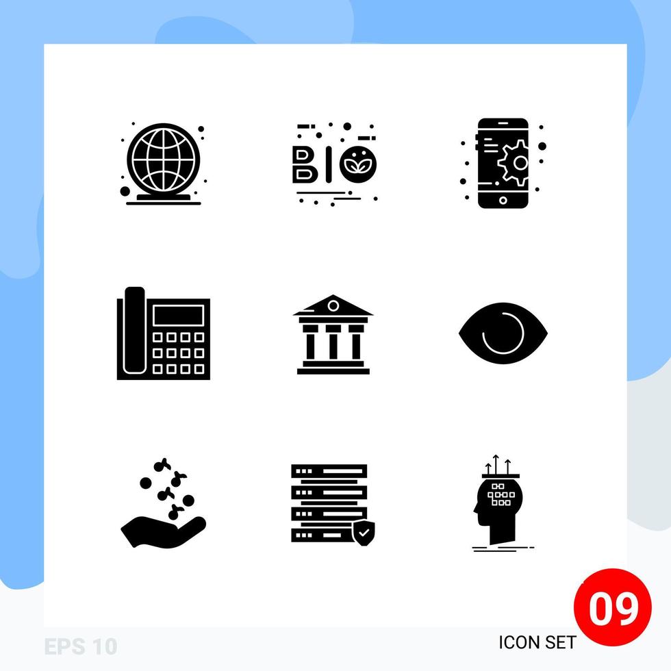 Set of 9 Vector Solid Glyphs on Grid for bank contact us leaf contact call Editable Vector Design Elements