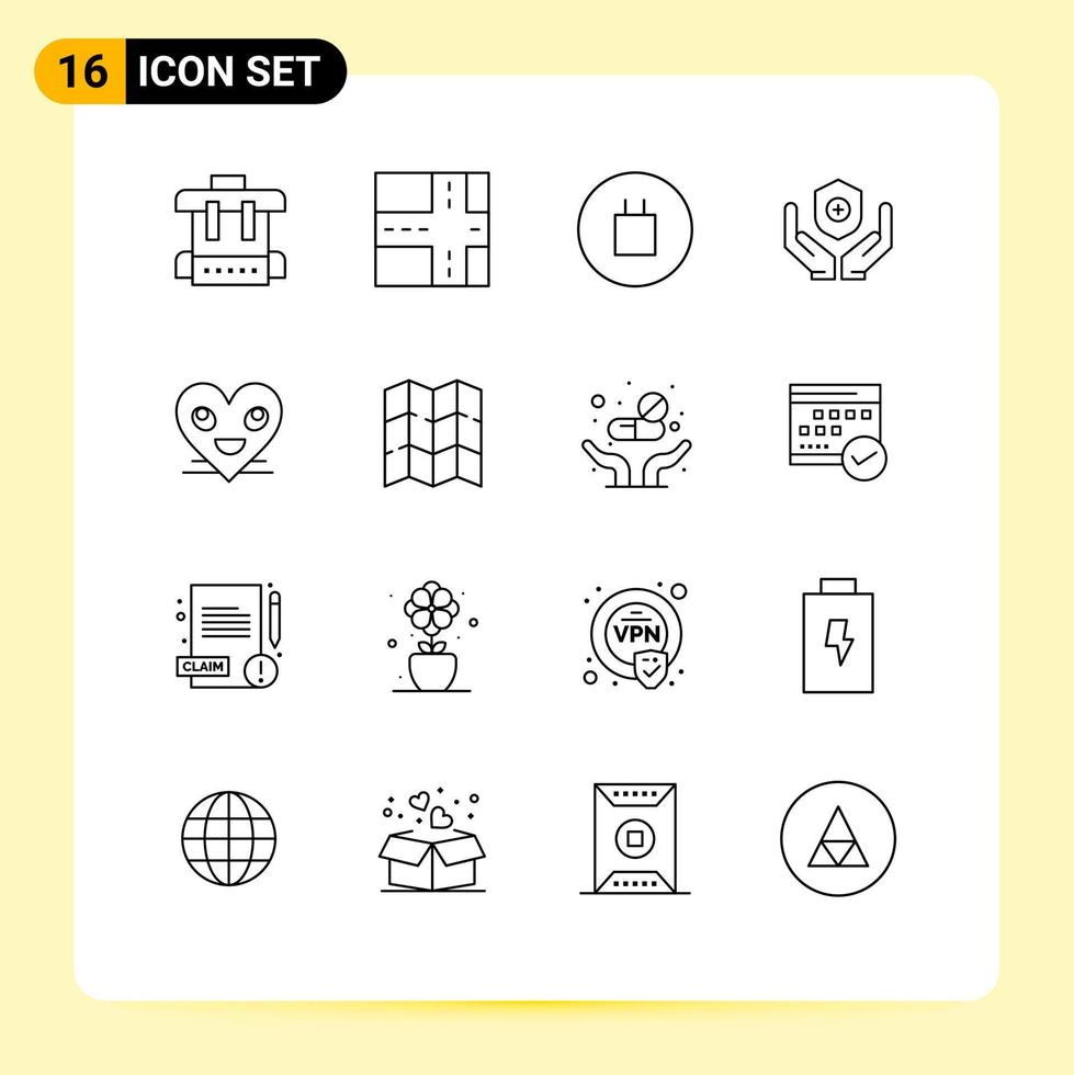 móvil interfaz contorno conjunto de dieciséis pictogramas de ubicación sonrisa medicina cara emoji editable vector diseño elementos