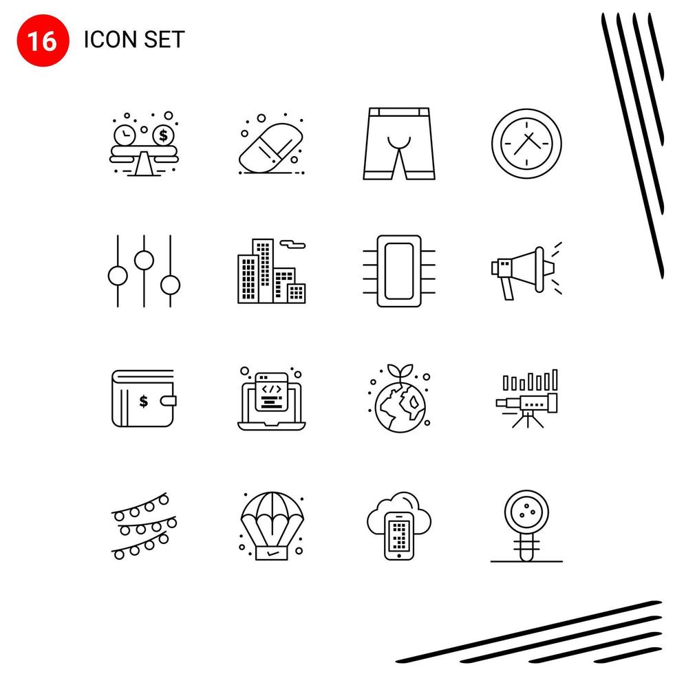 Group of 16 Outlines Signs and Symbols for apartment options clothing controls time Editable Vector Design Elements