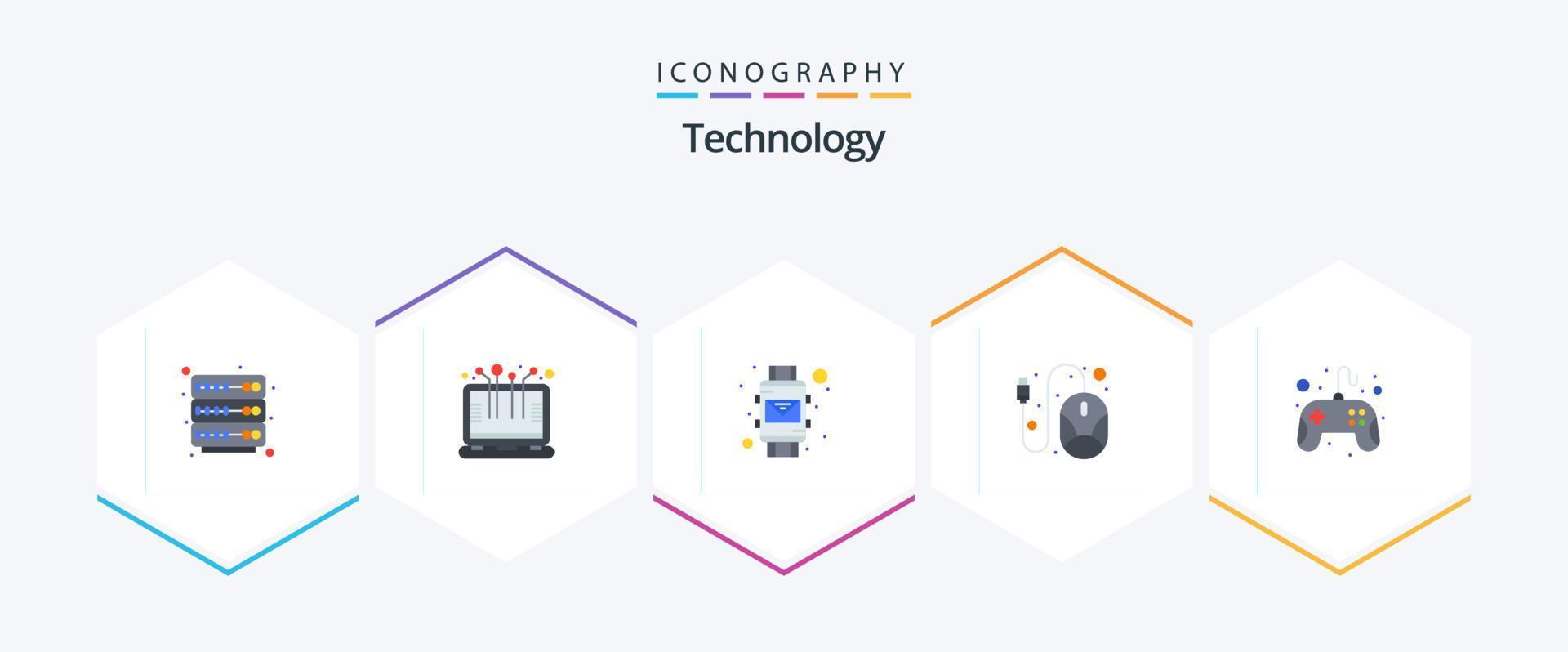 tecnología 25 plano icono paquete incluso juego. controlar almohadilla. sobre. hardware. línea vector