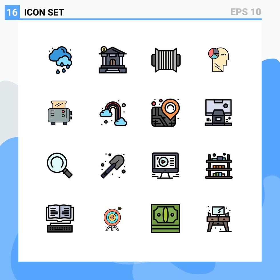Flat Color Filled Line Pack of 16 Universal Symbols of toaster toast audio thinking head Editable Creative Vector Design Elements
