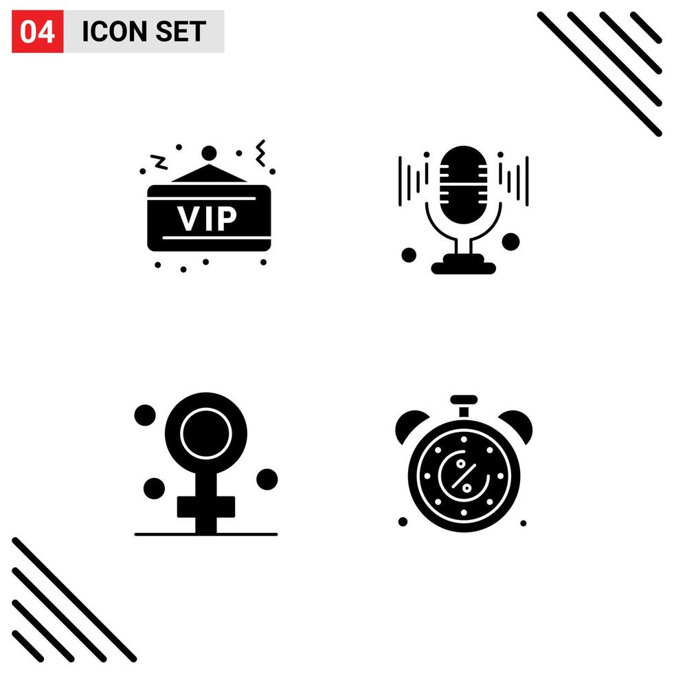 4 User Interface Solid Glyph Pack of modern Signs and Symbols of vip healthcare party sound discount Editable Vector Design Elements