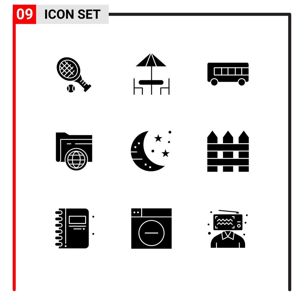 Group of 9 Solid Glyphs Signs and Symbols for night bar bus globe storage Editable Vector Design Elements