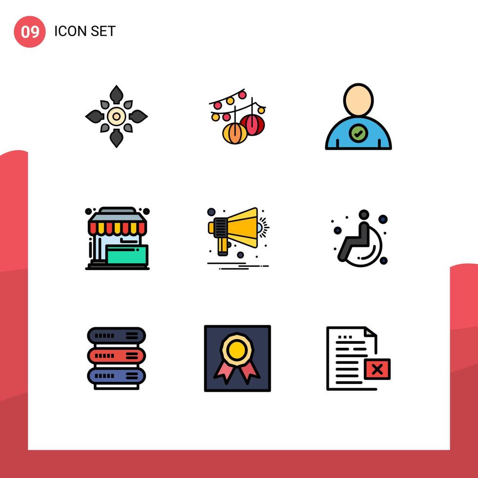 Pictogram Set of 9 Simple Filledline Flat Colors of place shop hanging sale user Editable Vector Design Elements