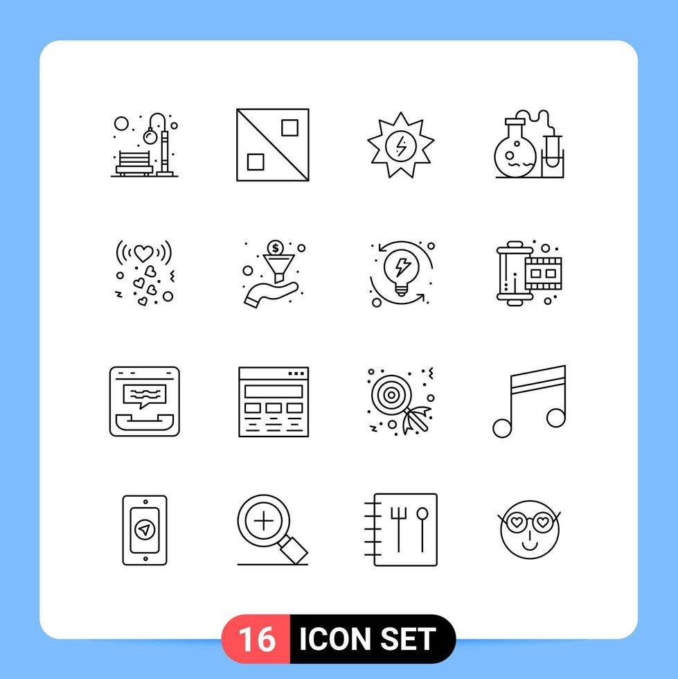Mobile Interface Outline Set of 16 Pictograms of love science energy lab tube Editable Vector Design Elements