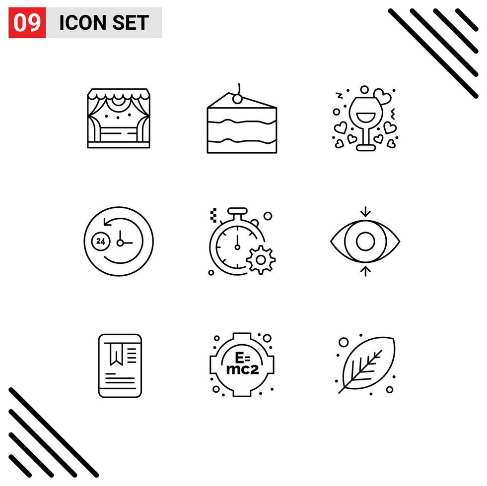Mobile Interface Outline Set of 9 Pictograms of clock support date day and night wine Editable Vector Design Elements