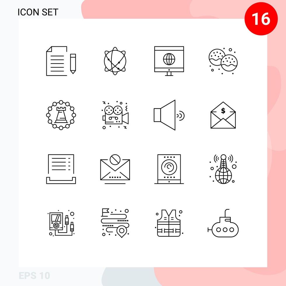 Group of 16 Outlines Signs and Symbols for castle eat world donut bakery Editable Vector Design Elements