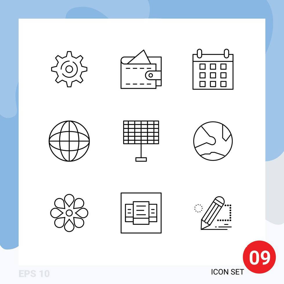 9 Thematic Vector Outlines and Editable Symbols of network app schedule solar battery Editable Vector Design Elements
