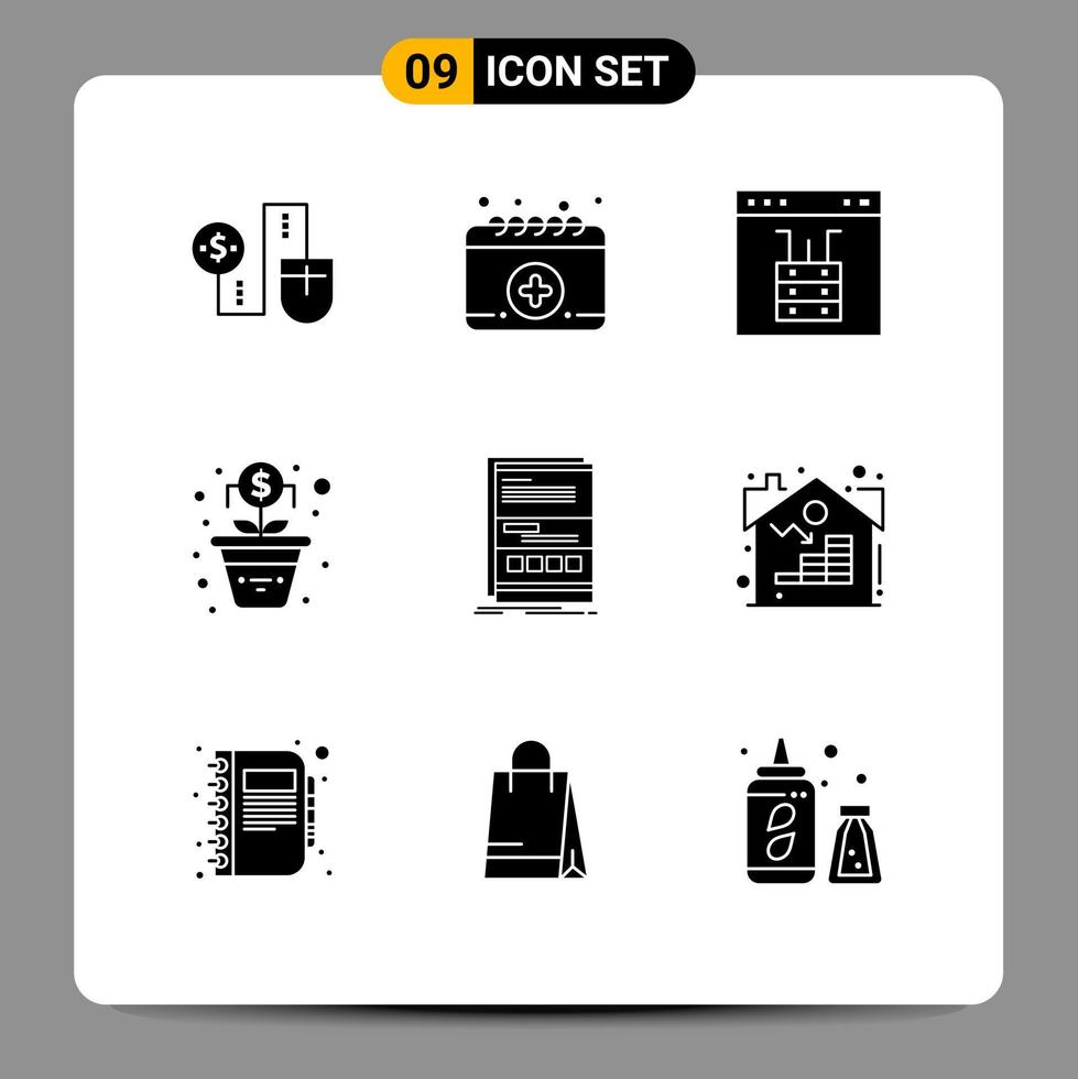 Universal Icon Symbols Group of 9 Modern Solid Glyphs of dynamic tree browser money server Editable Vector Design Elements