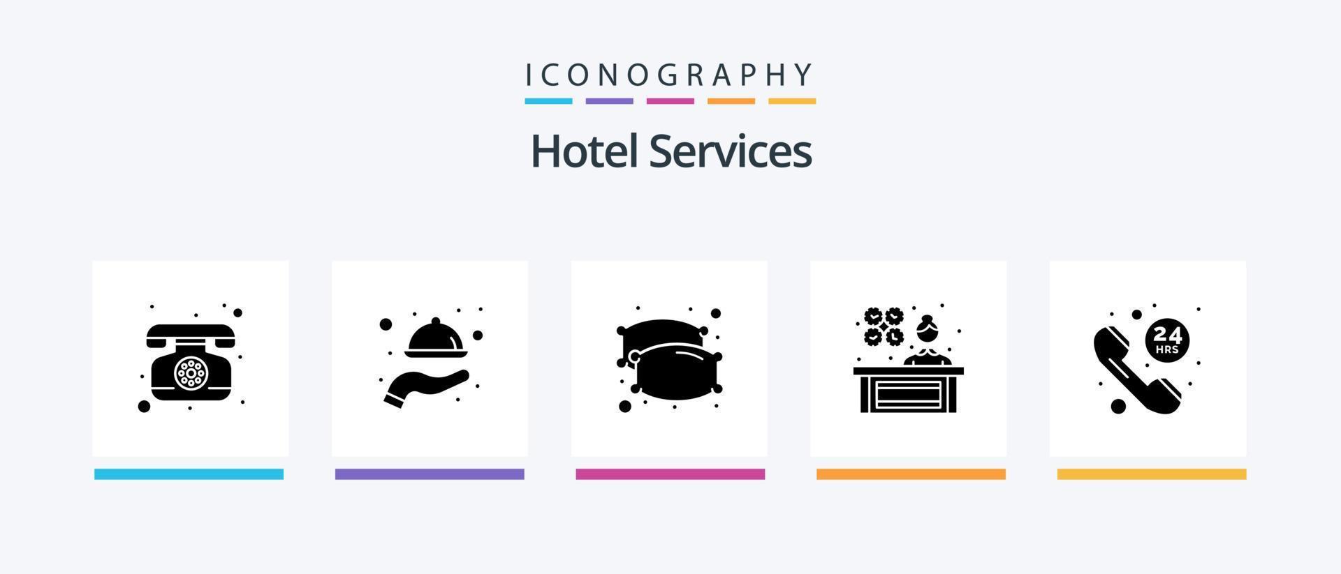 hotel servicios glifo 5 5 icono paquete incluso ayuda. horas. noche. recepción. dama gerente. creativo íconos diseño vector