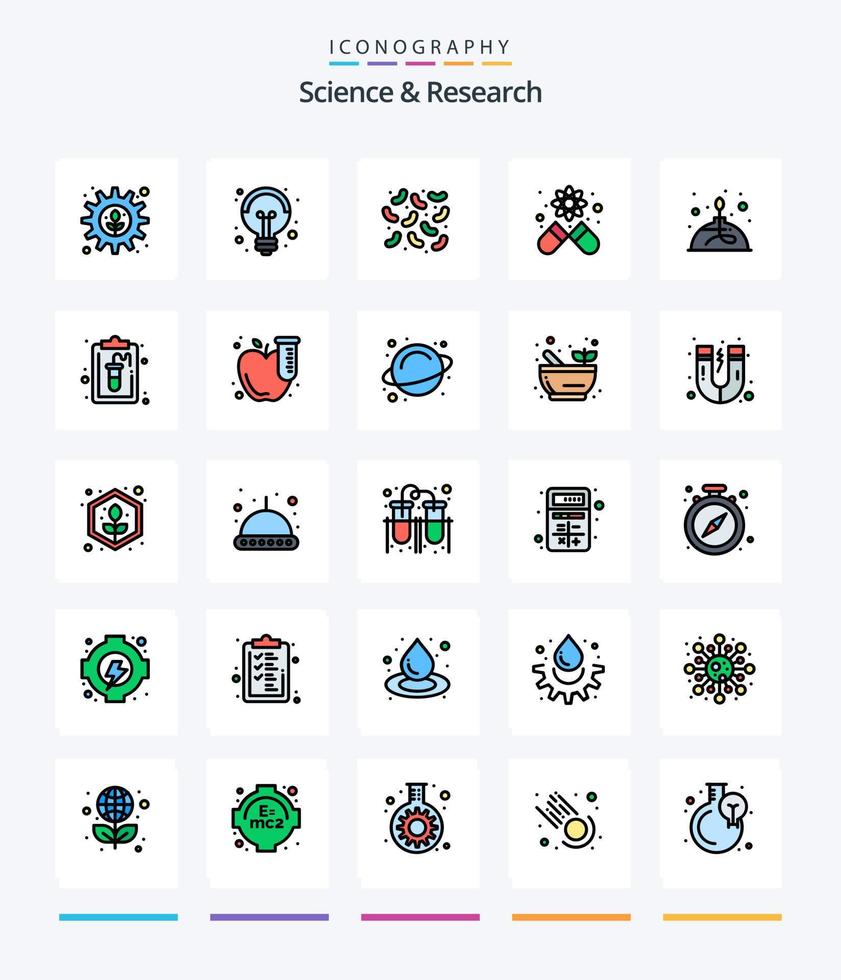 Creative Science 25 Line FIlled icon pack  Such As lab. burner. bacteria. alcohol. medicine vector