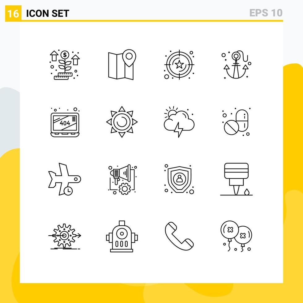 16 User Interface Outline Pack of modern Signs and Symbols of missing summer rating sea anchor Editable Vector Design Elements