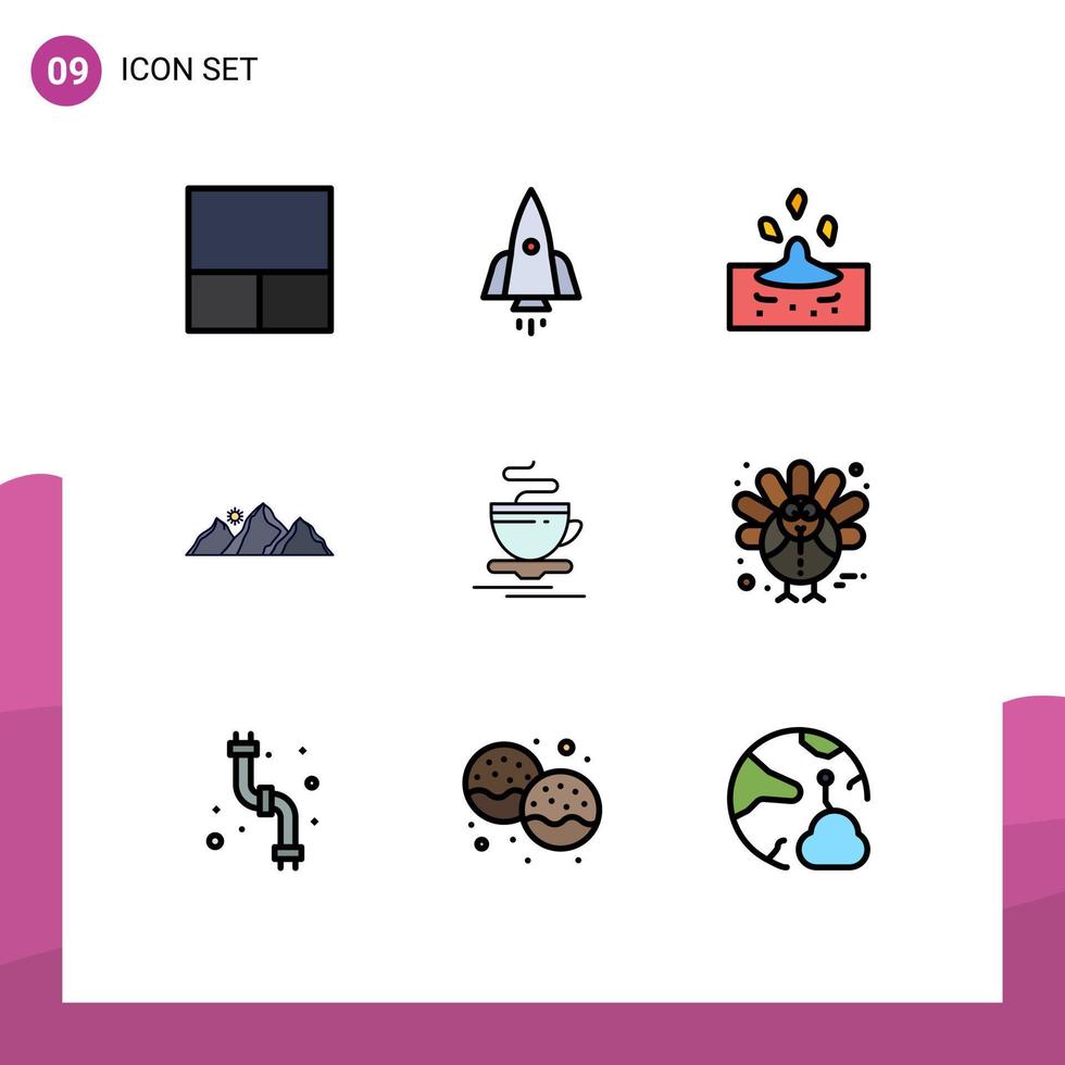 Filledline Flat Color Pack of 9 Universal Symbols of cup sun rain mountain landscape Editable Vector Design Elements