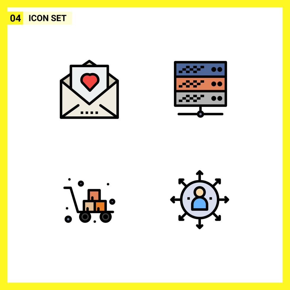4 Creative Icons Modern Signs and Symbols of heart box mail network server delivery Editable Vector Design Elements