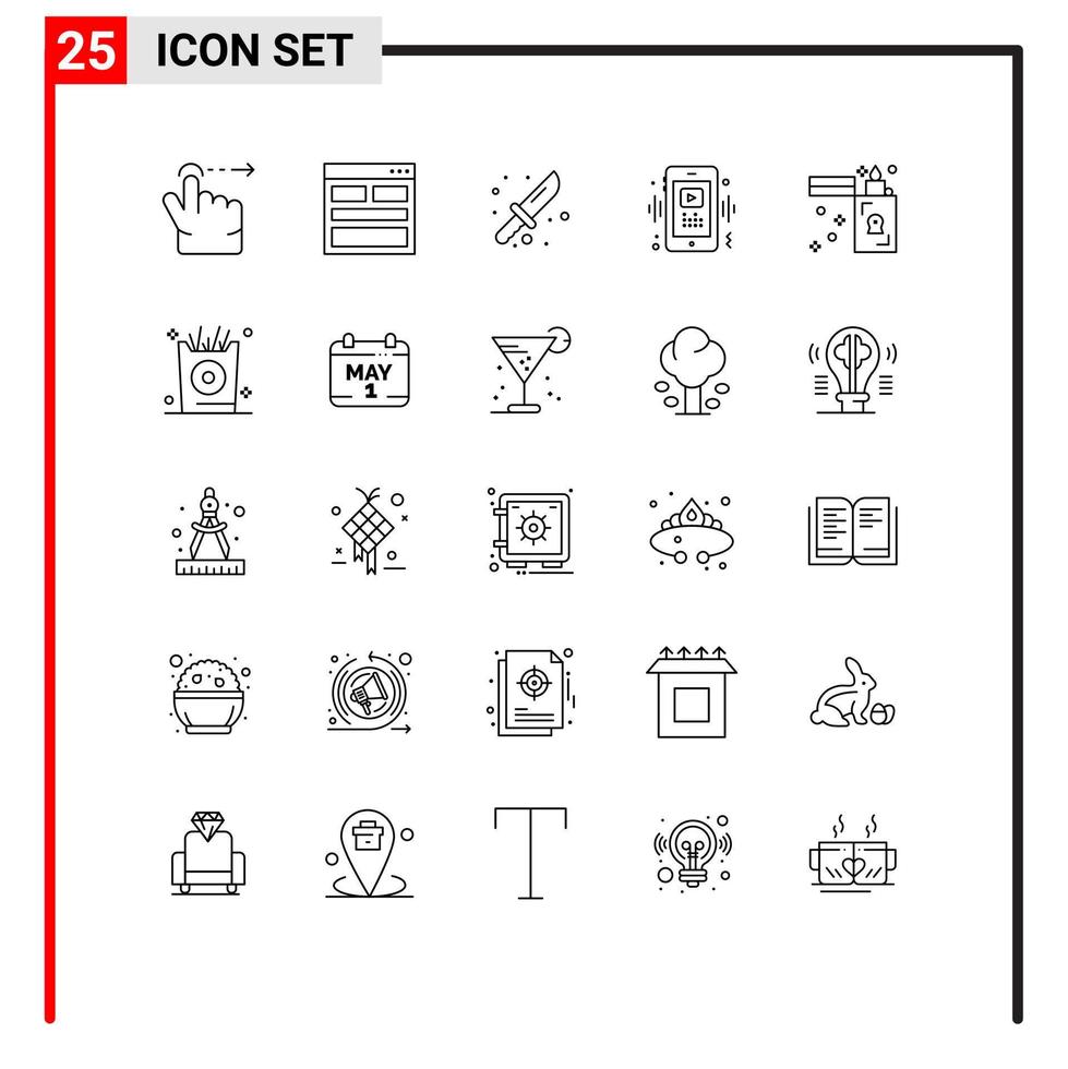 moderno conjunto de 25 líneas y símbolos tal como fuego jugador cámping vídeo teléfono editable vector diseño elementos