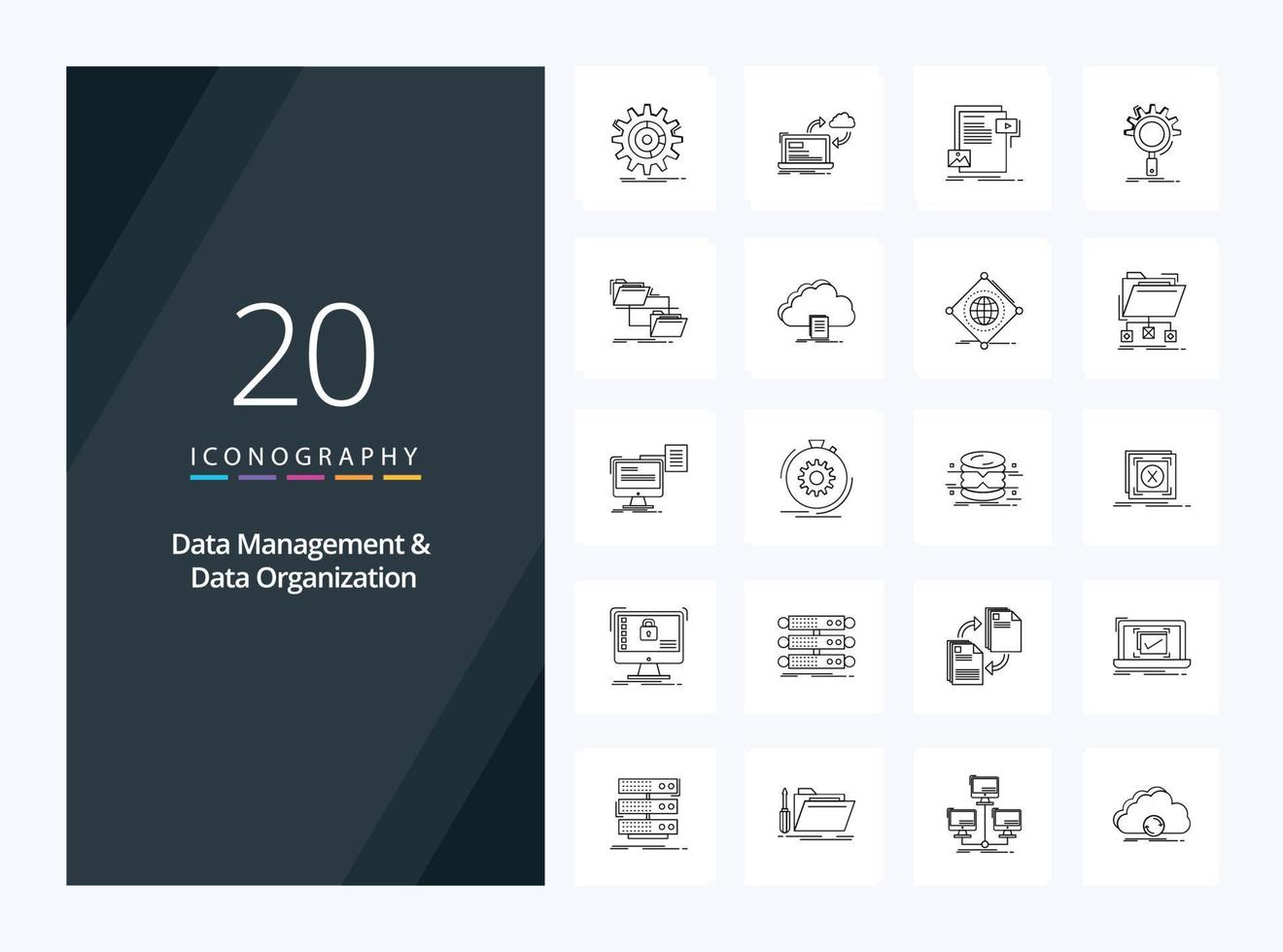 20 Data Management And Data Organization Outline icon for presentation vector