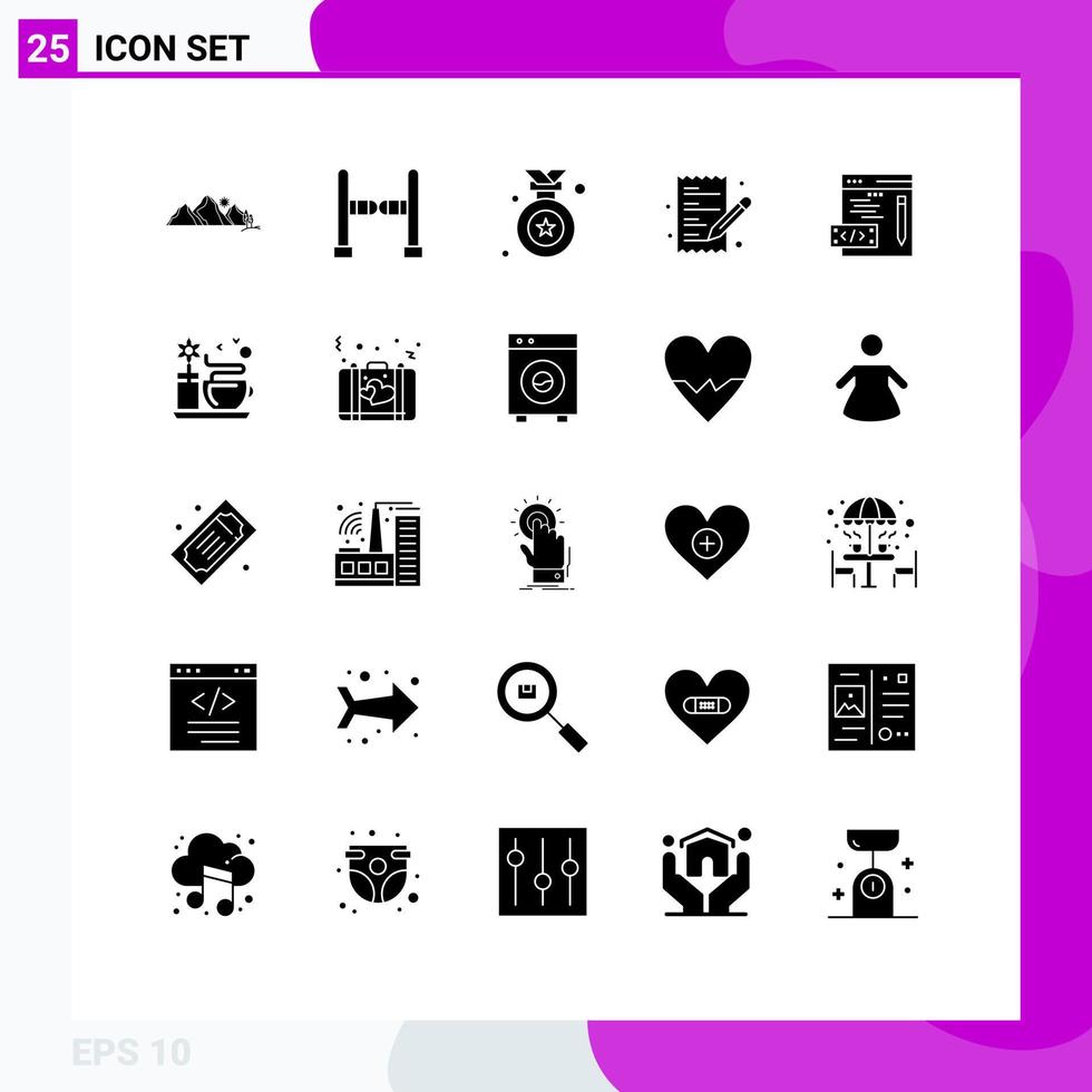 Group of 25 Modern Solid Glyphs Set for web coding award shopping list Editable Vector Design Elements