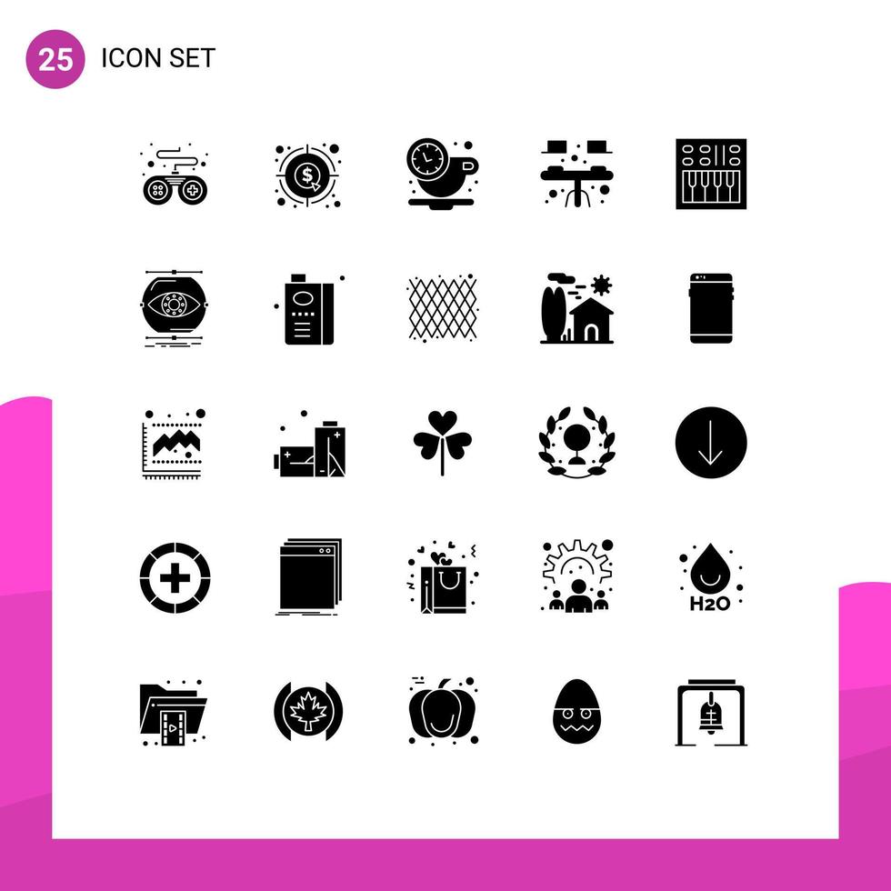 Pack of 25 Modern Solid Glyphs Signs and Symbols for Web Print Media such as loudspeaker table break interior desk Editable Vector Design Elements