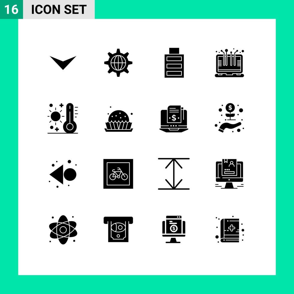 Modern Set of 16 Solid Glyphs Pictograph of thermometer hot full celsius device Editable Vector Design Elements