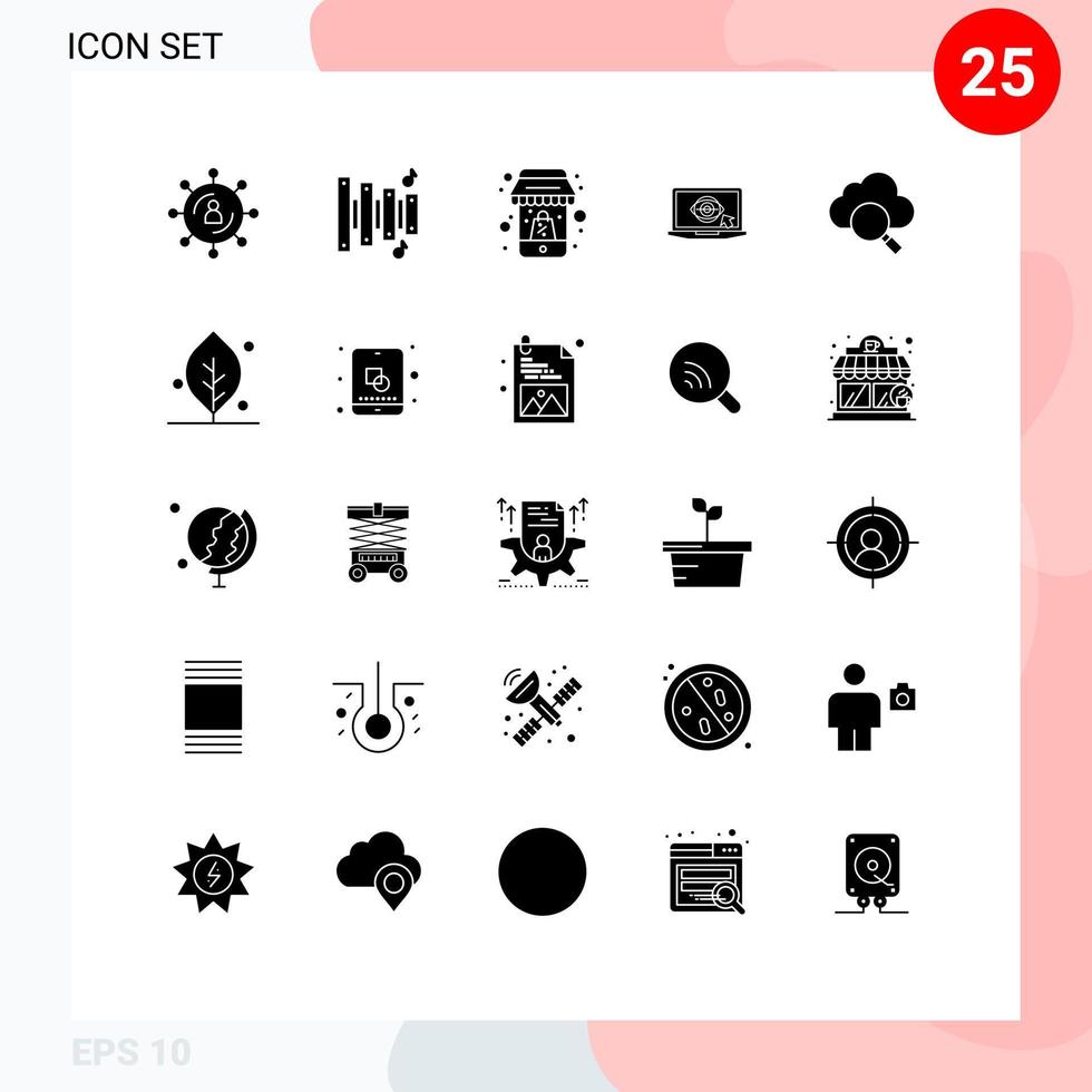 User Interface Pack of 25 Basic Solid Glyphs of search presentation shopping lcd laptop Editable Vector Design Elements
