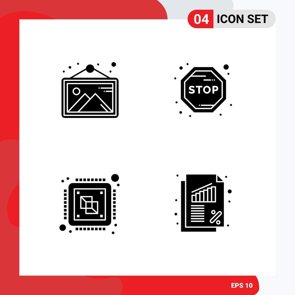 Modern Set of 4 Solid Glyphs Pictograph of gallery computer frame stop processor Editable Vector Design Elements
