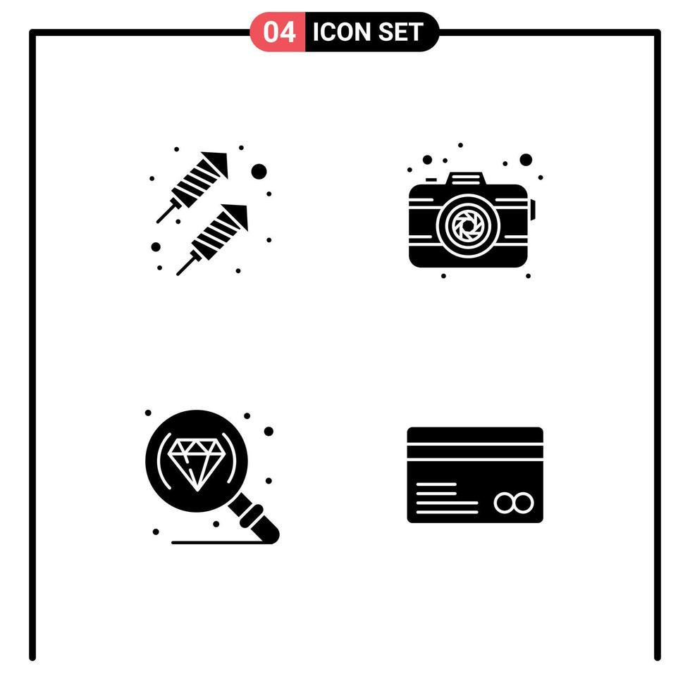 4 User Interface Solid Glyph Pack of modern Signs and Symbols of rocket research camera lens credit card Editable Vector Design Elements