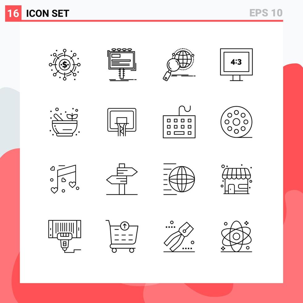 Universal Icon Symbols Group of 16 Modern Outlines of tv aspect ratio billboard world magnifier Editable Vector Design Elements