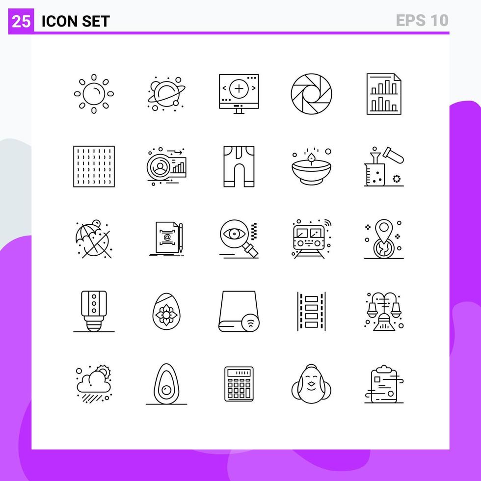 Set of 25 Commercial Lines pack for data multimedia computer lens search Editable Vector Design Elements