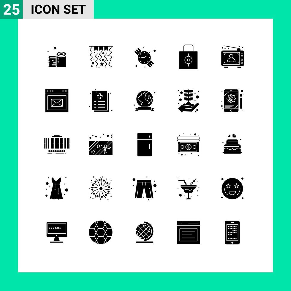 25 User Interface Solid Glyph Pack of modern Signs and Symbols of advertising ad watch target protect Editable Vector Design Elements