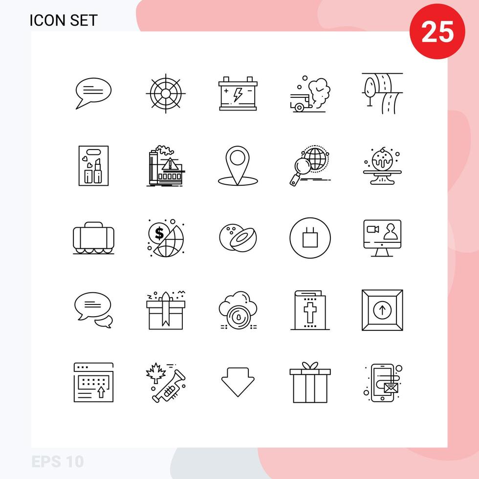 Pictogram Set of 25 Simple Lines of route smoke battery pollution car Editable Vector Design Elements