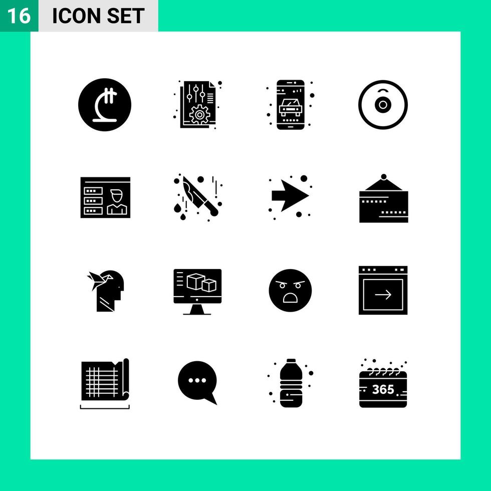 Solid Glyph Pack of 16 Universal Symbols of profile sport report plates taxi Editable Vector Design Elements