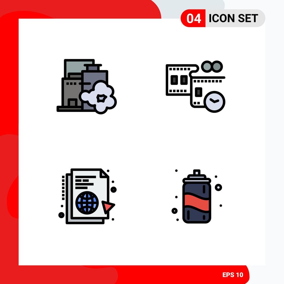 Filledline Flat Color Pack of 4 Universal Symbols of factory file pollution movie reel internet Editable Vector Design Elements