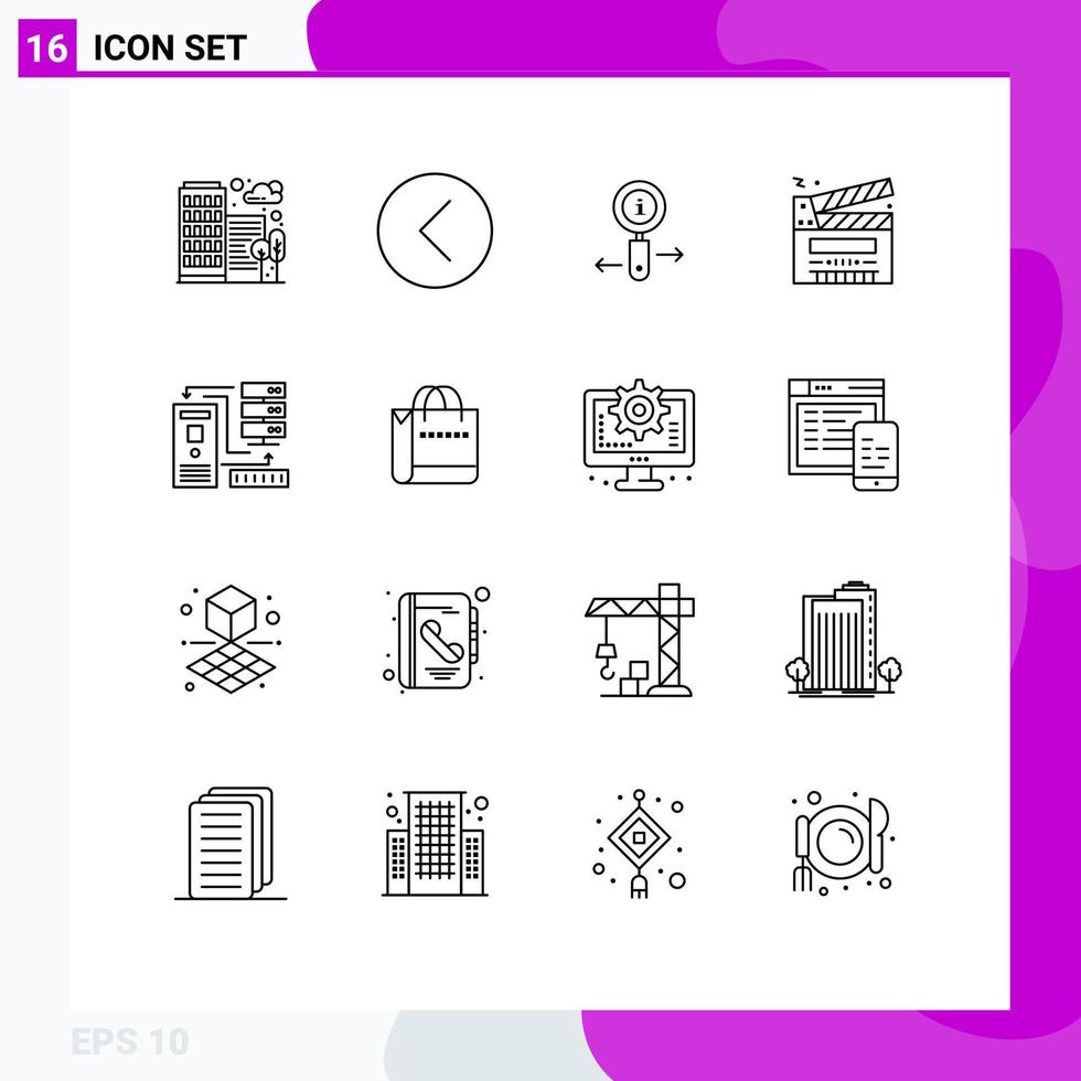 Pack of 16 Modern Outlines Signs and Symbols for Web Print Media such as multimedia clip player cut search Editable Vector Design Elements