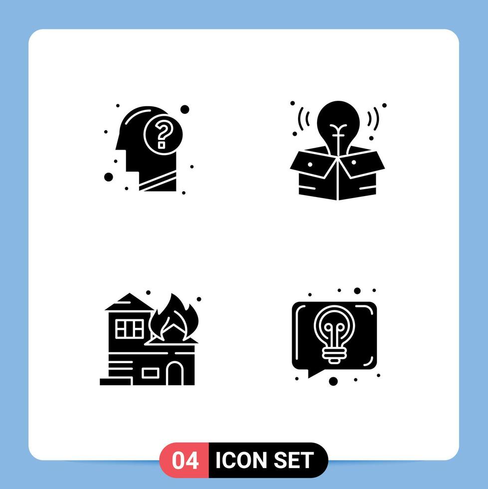 Set of 4 Modern UI Icons Symbols Signs for answer burning human process house Editable Vector Design Elements