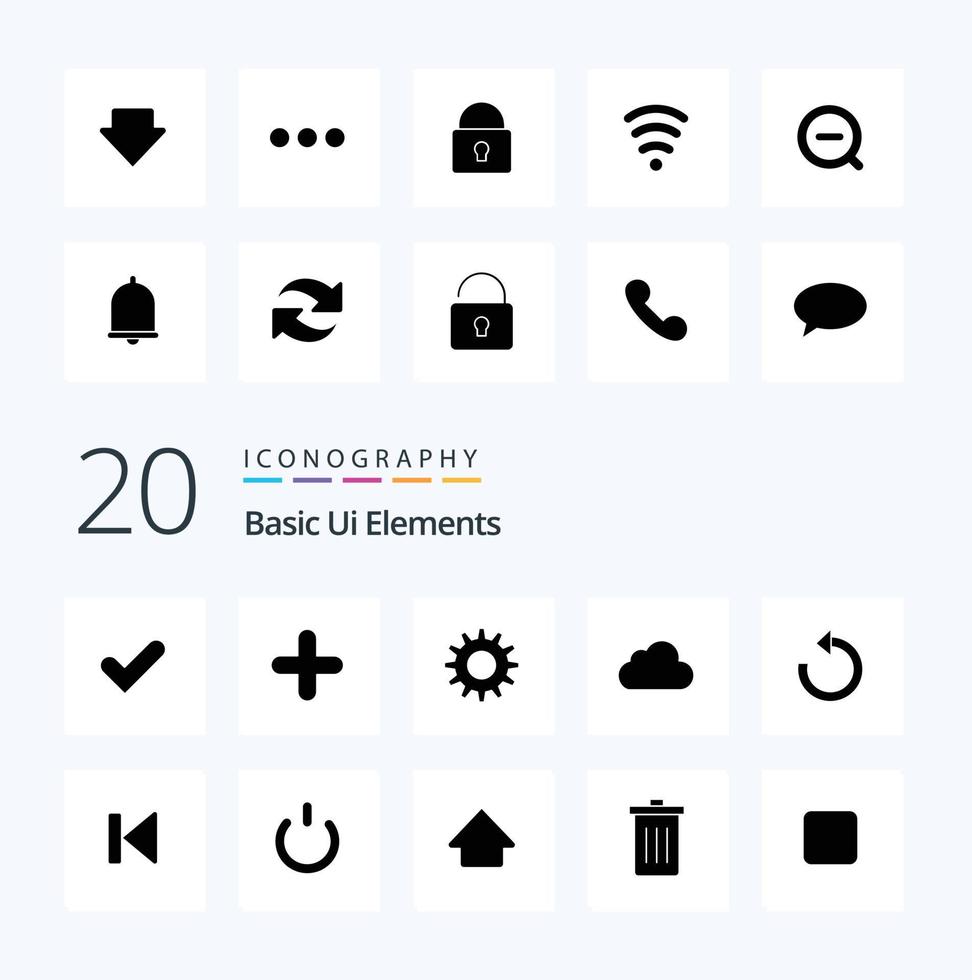 20 Basic Ui Elements Solid Glyph icon Pack like downlod arrow cog cloudy data vector